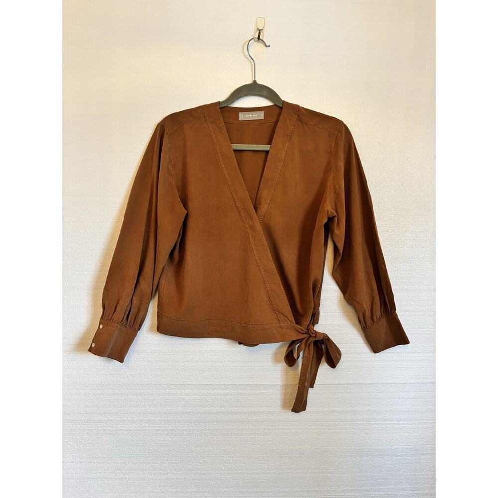 Everlane washable 100% Silk wrap top blouse Tobacco SZ 10 ballet core feminine